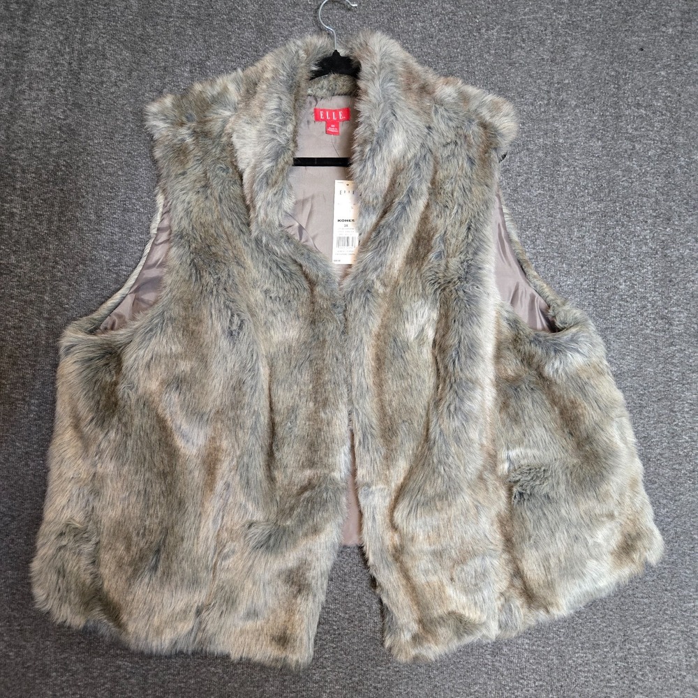 ELLE Faux Fur Vest Gray Plush Sleeveless Jacket NWT Plus Sz 3X Soft Shaggy‎